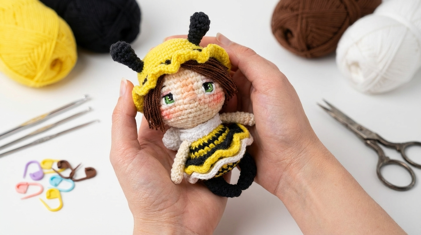 abelha boneca amigurumi receita gratis passo a passo, peça de crochê em tons de amarelo, preto e branco com enchimento firme usada na decoração.