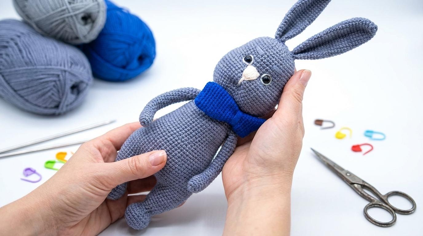 Amigurumi coelho com gravata borboleta bege feito em crochê manual, exibindo detalhes artesanais para presente infantil.
