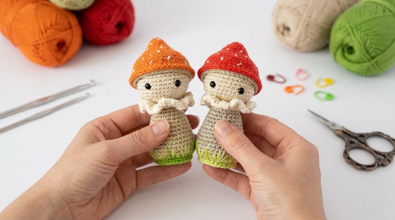 Amigurumi Cogumelos Selvagens em tons terrosos de algodão para decoração de estúdio de artesanato ou quarto infantil.