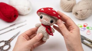 Amigurumi de cogumelo vermelho e marfim feito em crochê, acessório de decoração artesanal para quartos infantis.