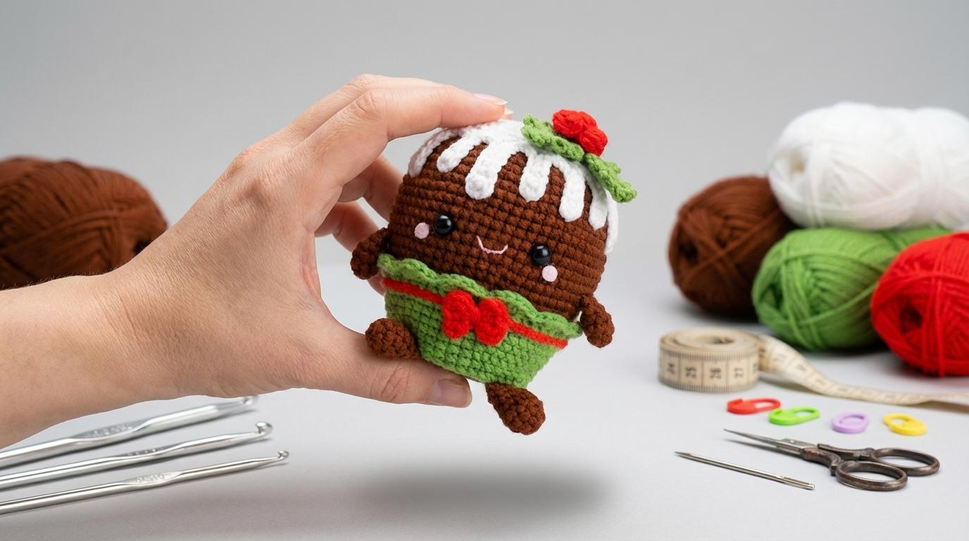 Amigurumi Natal Bolinho marrom e branco com detalhes verdes feito em crochê para decoração natalina artesanal exclusiva.