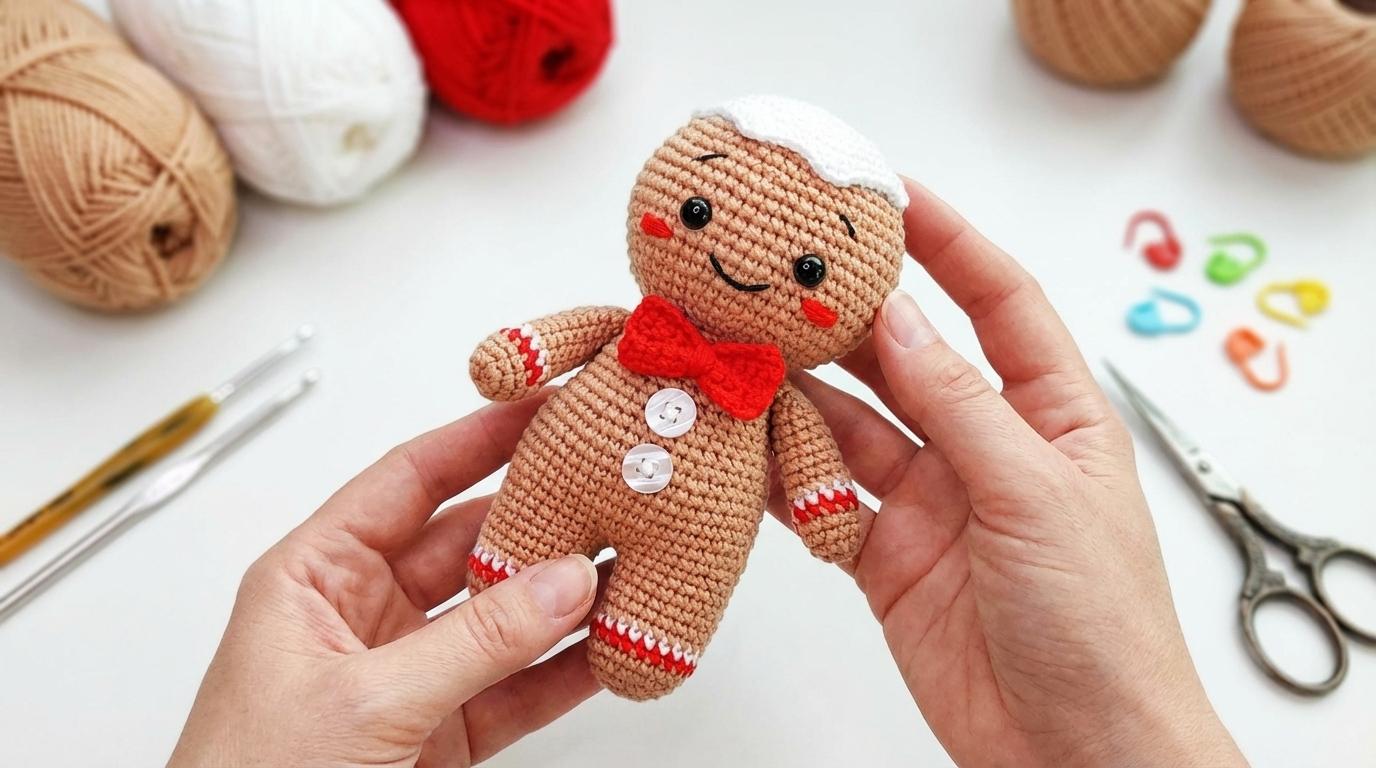 Amigurumi de Natal Homem de Gengibre bege e vermelho feito em crochê para decoração natalina artesanal exclusiva.