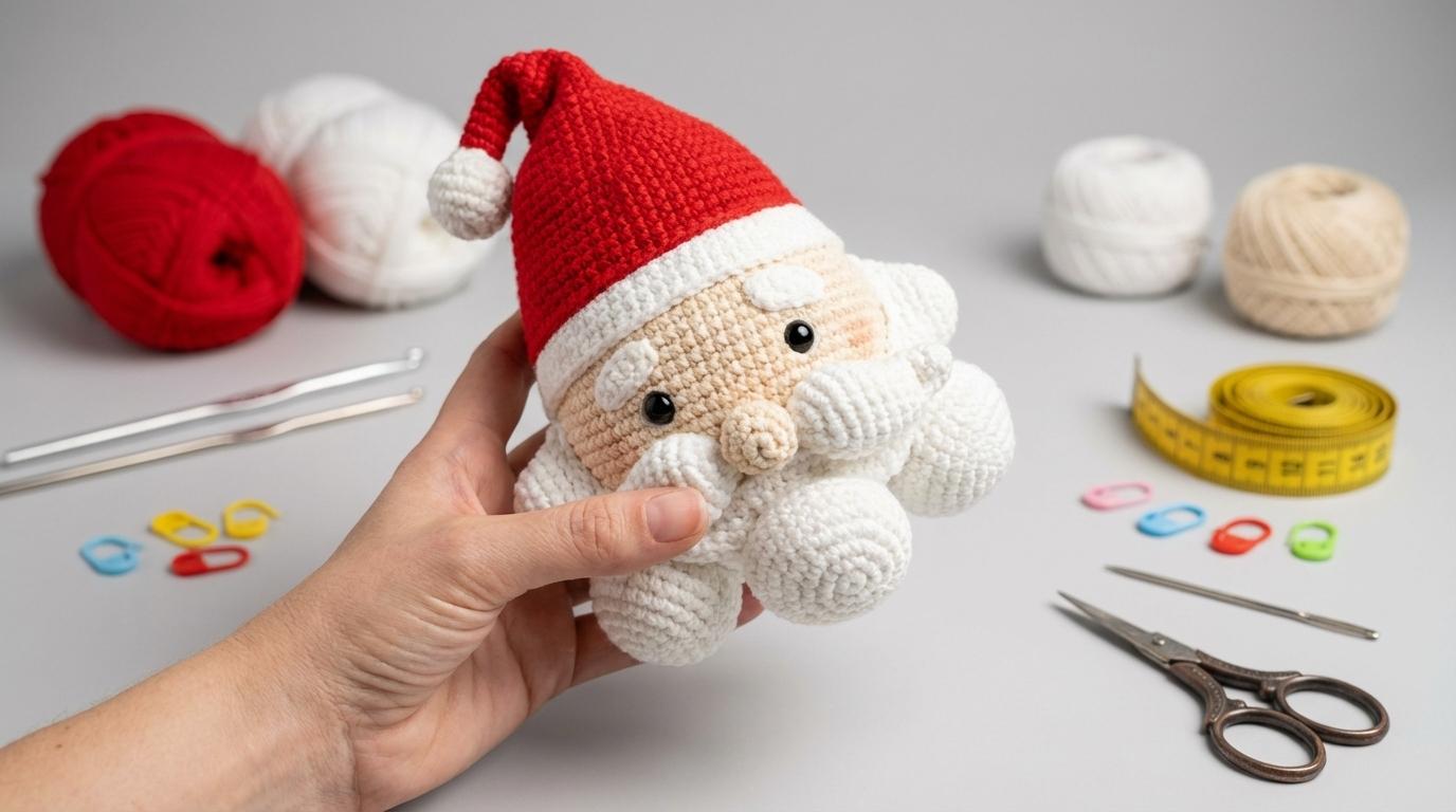 Amigurumi Papai Noel Travesseiro de pelúcia vermelho e branco para decoração natalina artesanal em sofá ou poltrona.