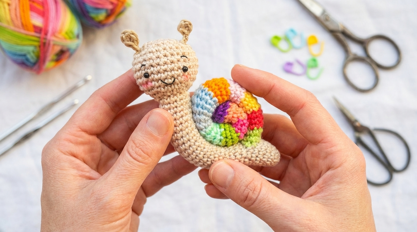 Arco-íris Caracol Amigurumi com concha colorida em fio de algodão, ideal para decoração lúdica de quartos infantis.