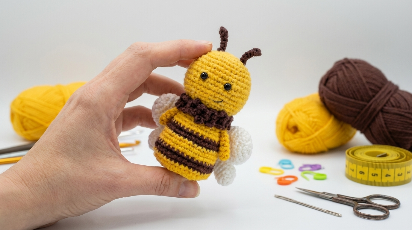 Aria abejita amigurumi crochet, pieza artesanal en algodón de colores amarillo y marrón con textura suave, ideal para decoración infantil.