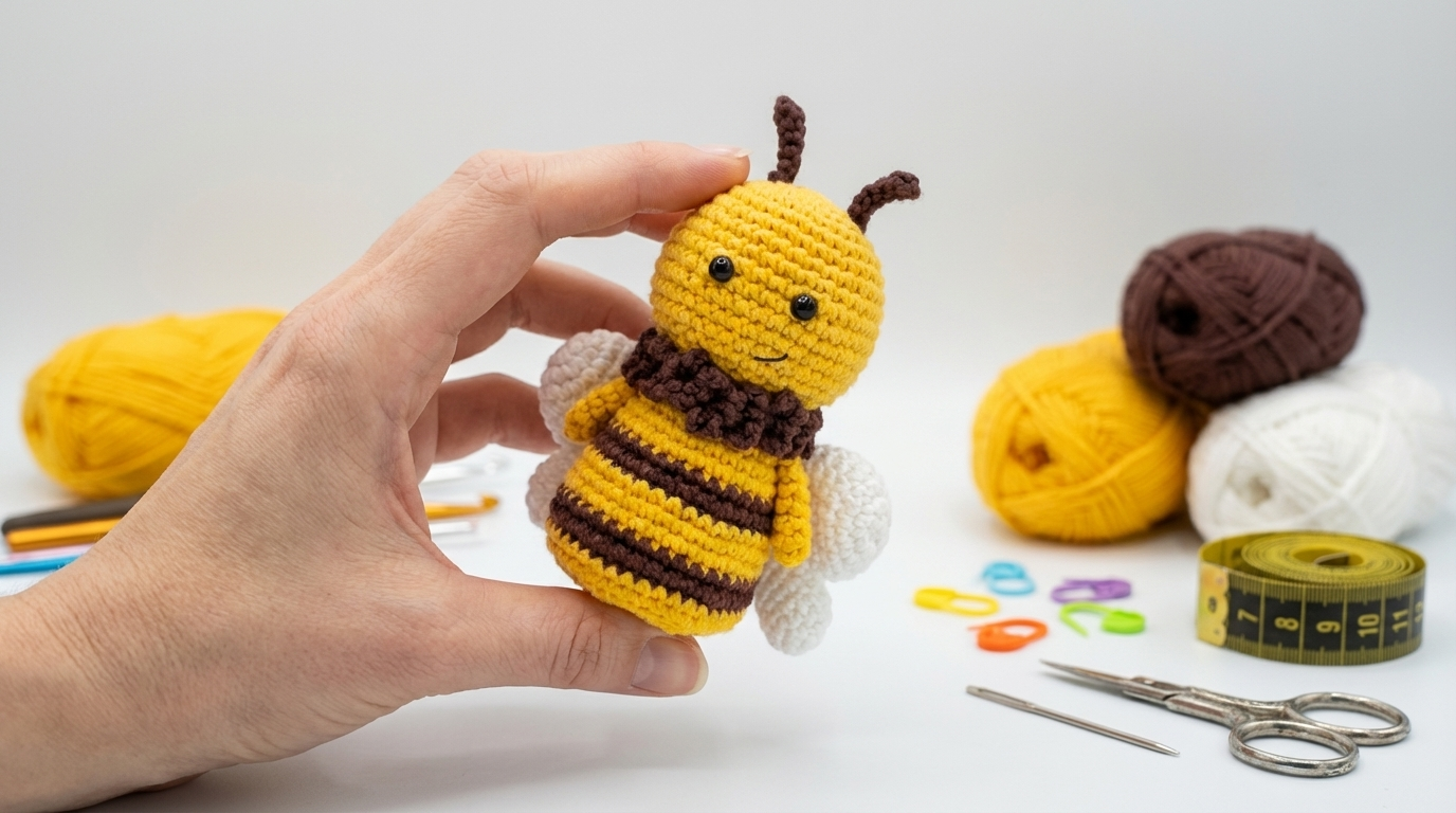 aria abelha amigurumi receita gratis passo a passo, boneco de crochê amarelo e marrom com textura de algodão para decoração