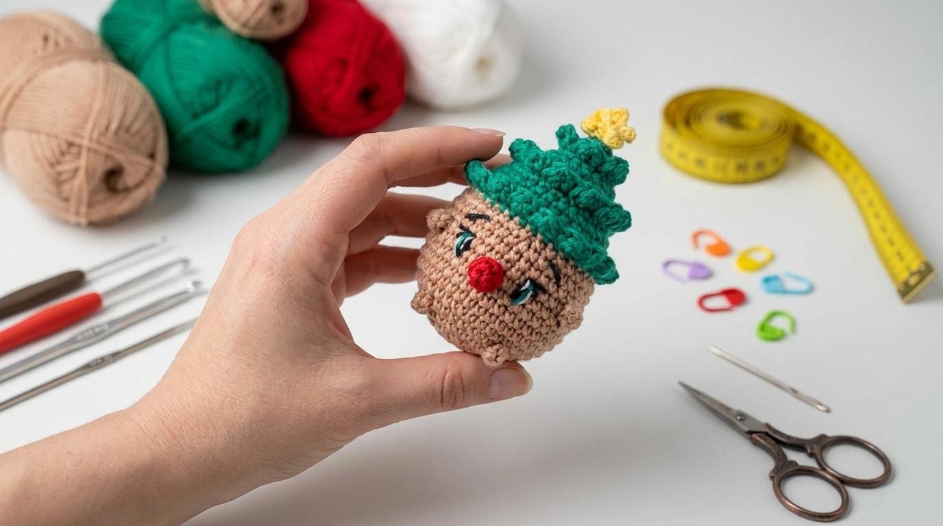 Pequena árvore de Natal amigurumi verde com estrela dourada, feita em crochê artesanal para decoração natalina fina.