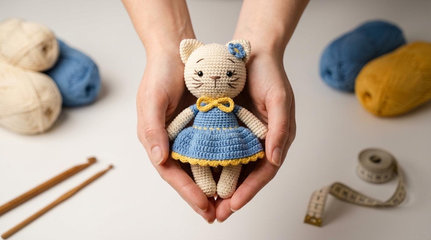 Aurora Gato Amigurumi em tons pastéis de crochê, acessório de decoração artesanal ideal para presentear com delicadeza.