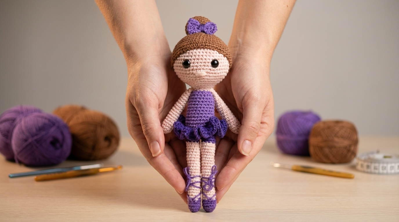 Bailarina Boneca Amigurumi colorida em tons suaves de crochê para decoração de quartos infantis e presentes especiais artesanais.