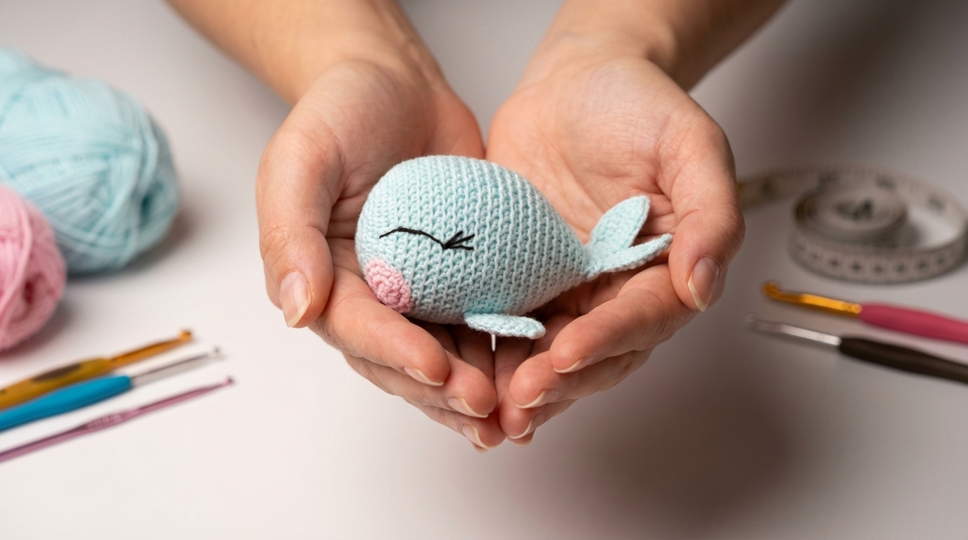 Baleia Feliz amigurumi azul claro com bochechas rosas em crochê, usada como decoração delicada em quarto de bebê artesanal.