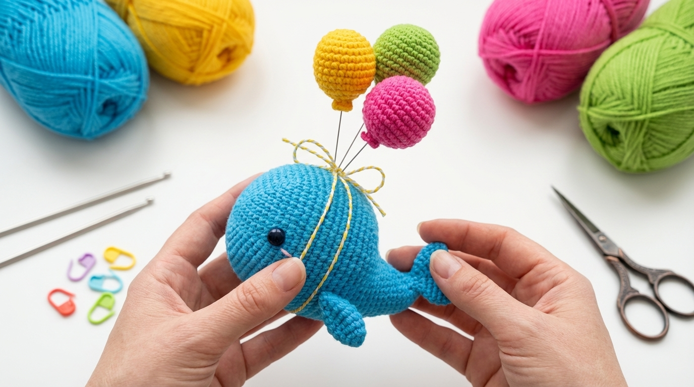 Baleia Voadora Amigurumi em tons de azul com balões coloridos em crochê, pronta para decorar um quarto infantil artesanal.
