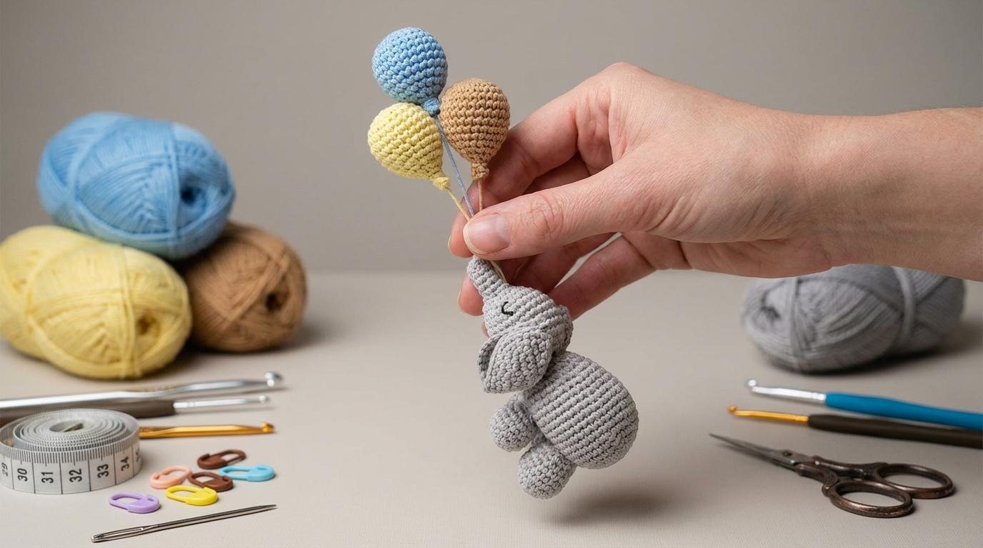 Bebê Elefante Crochê cinza feito à mão em técnica de amigurumi para decoração infantil ou presente artesanal.