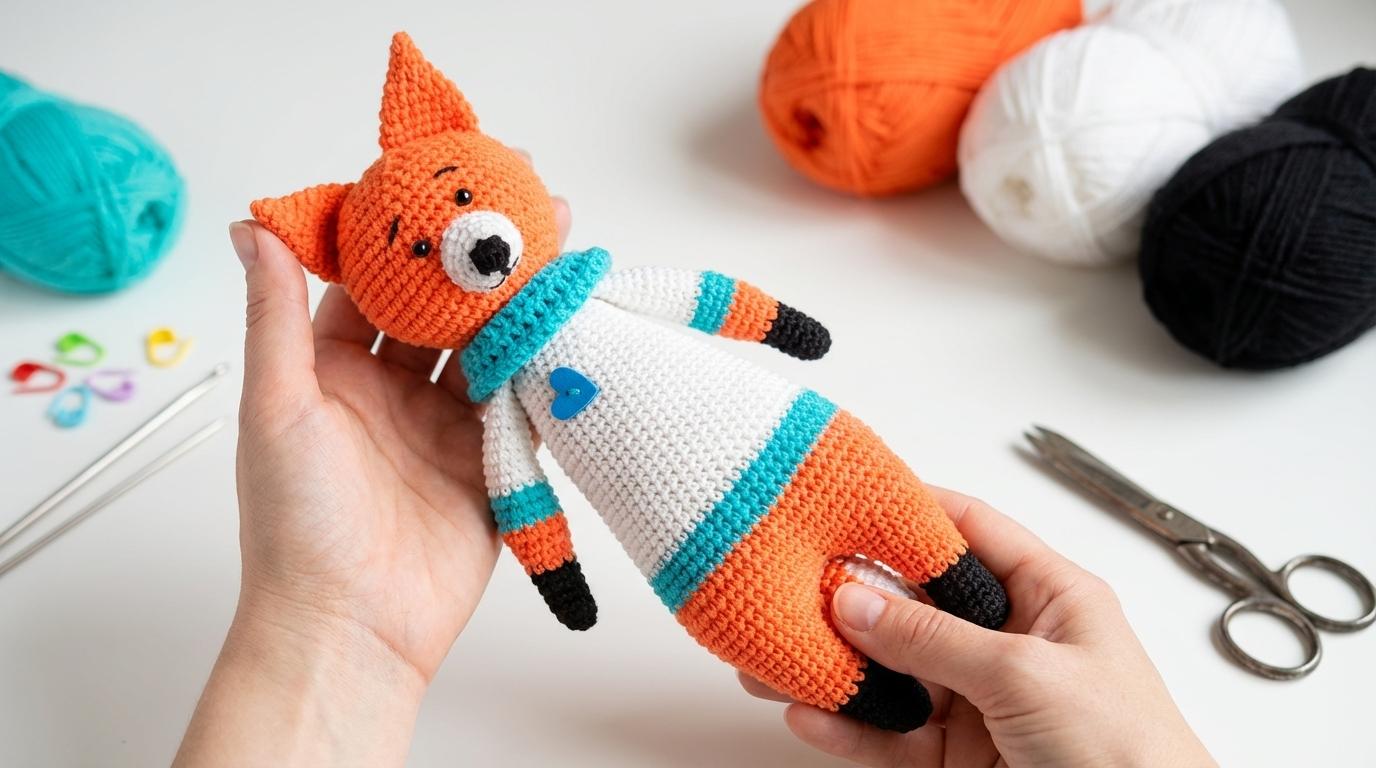 Bebê raposa amigurumi feito em crochê, nas cores ruivo e branco, ideal para decoração infantil ou presente artesanal.