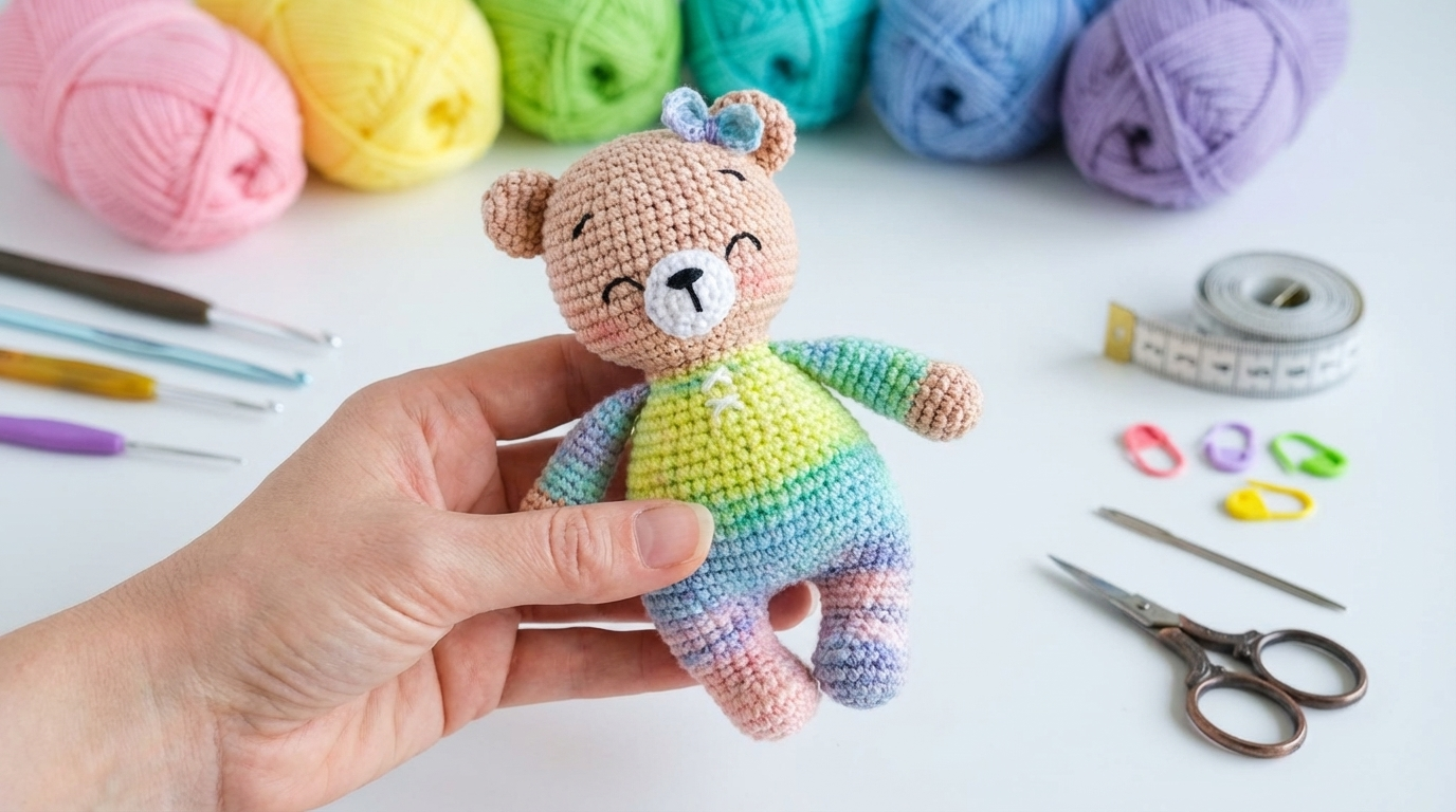 Bebê Urso Sonolento amigurumi em tons bege e multicolorido, posicionado sobre base neutra para decoração de quarto infantil.