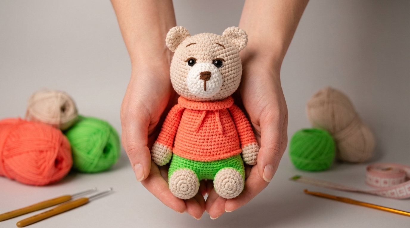 Benjamin Urso Amigurumi bege e coral feito em crochê, posicionado em cenário infantil para decoração exclusiva.