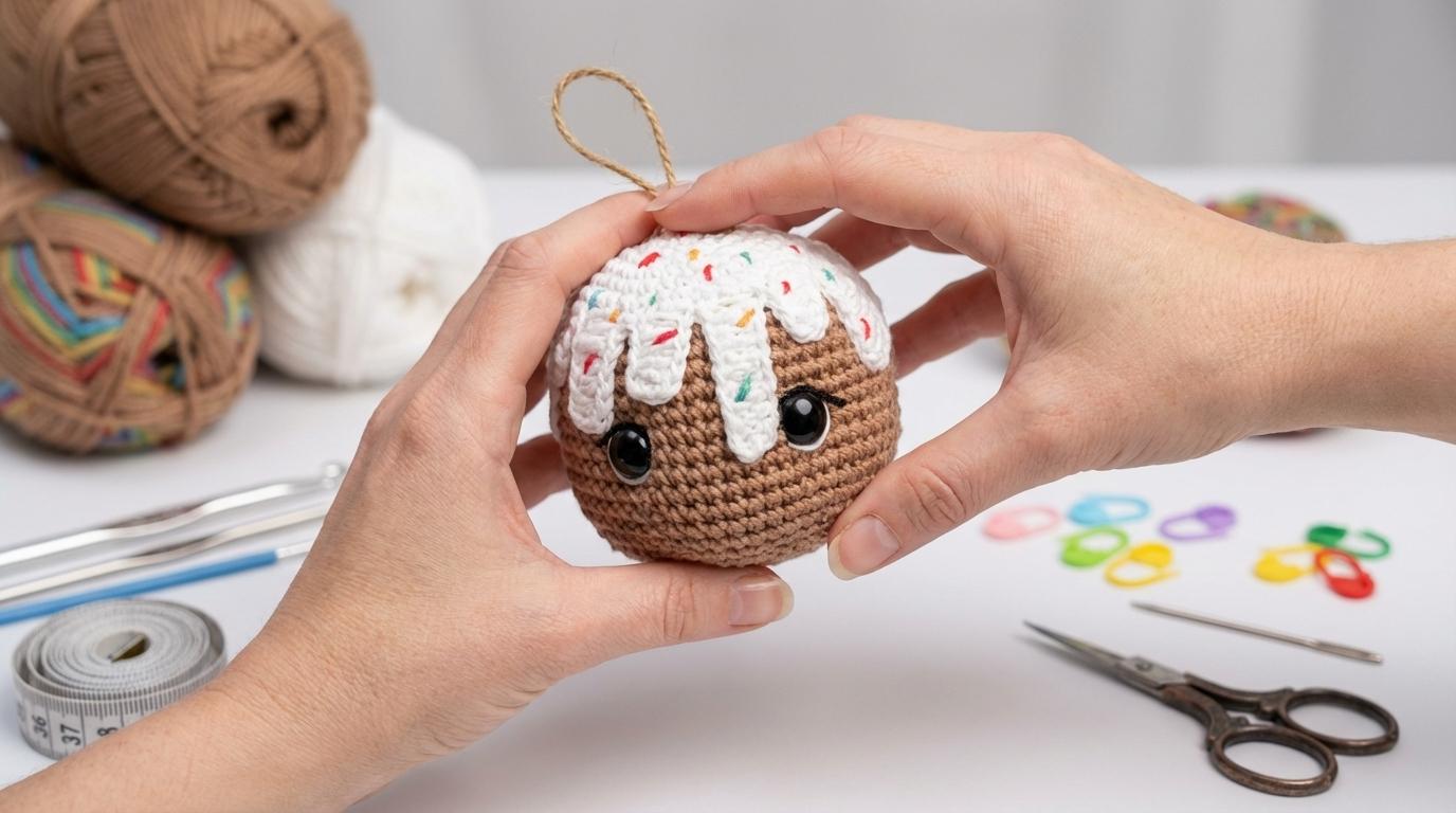 Bolacha de Natal Ornamentação amigurumi bege e branca feita em crochê para enfeite de árvore de Natal artesanal.