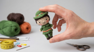 Boneca Alpino Amigurumi em tons de verde e marrom feita em crochê para decoração artesanal e presente infantil.
