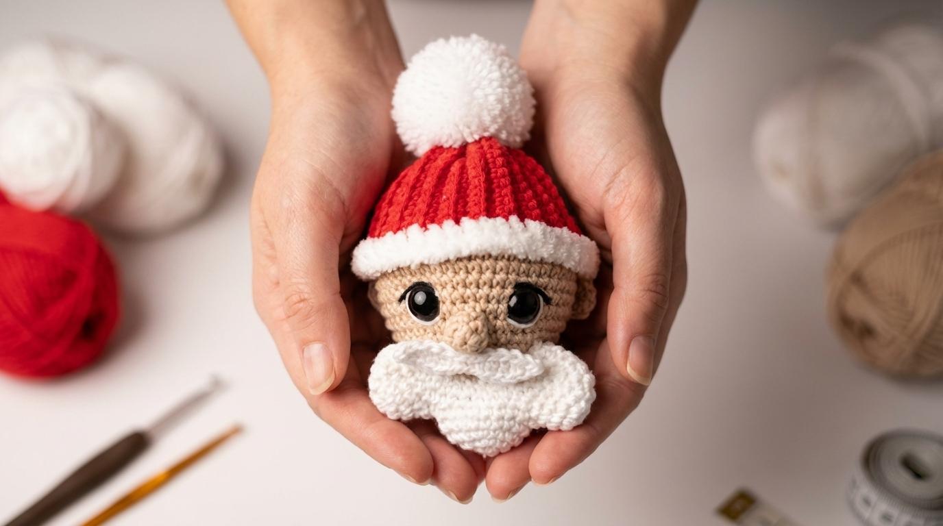 Boneca Amigurumi Papai Noel em fio de algodão vermelho e bege para decoração de árvore ou mesa natalina artesanal.