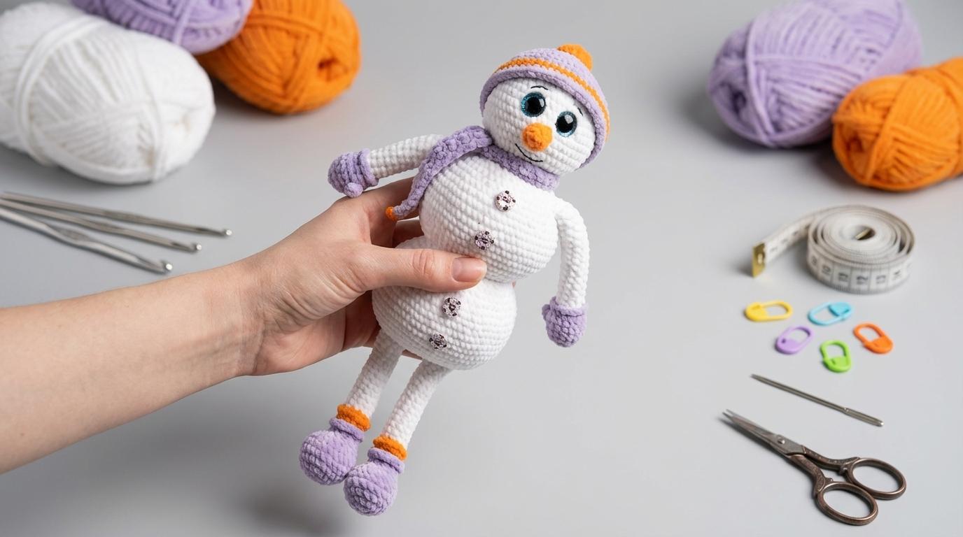 Amigurumi Boneco de Neve de pelúcia branco com detalhes roxos, feito em crochê para decoração natalina artesanal exclusiva.