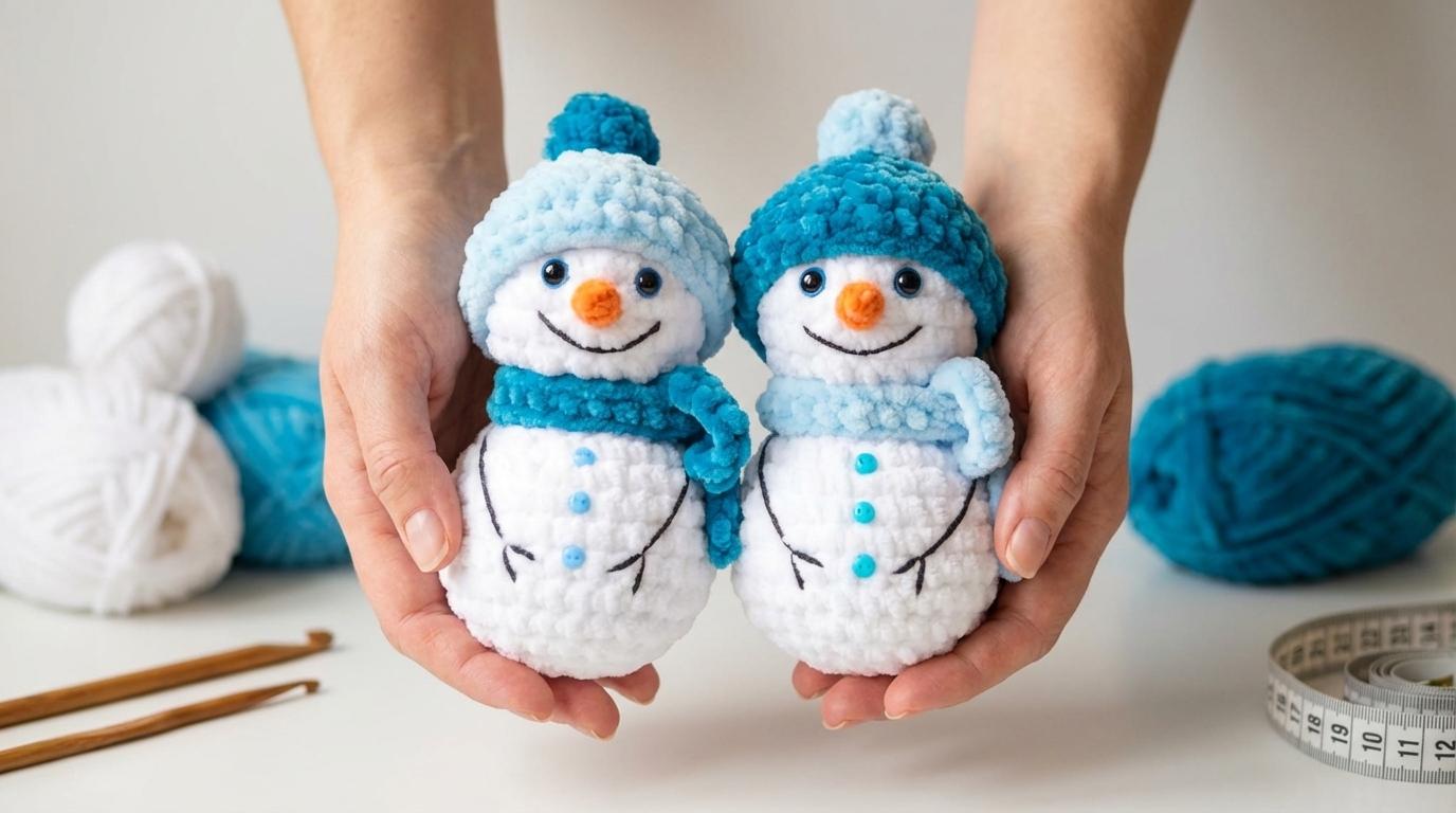 Boneco de Neve Amigurumi branco feito com fio de pelúcia fofinho para decoração artesanal de natal e inverno.