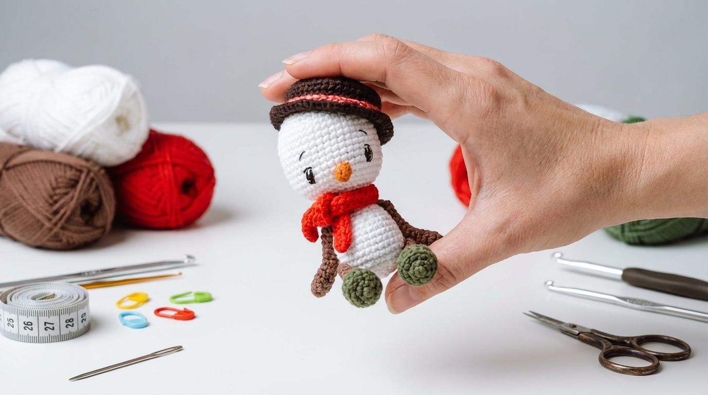 Boneco de Neve em Chapéu Amigurumi branco com detalhes coloridos feito em crochê para decoração de Natal artesanal.