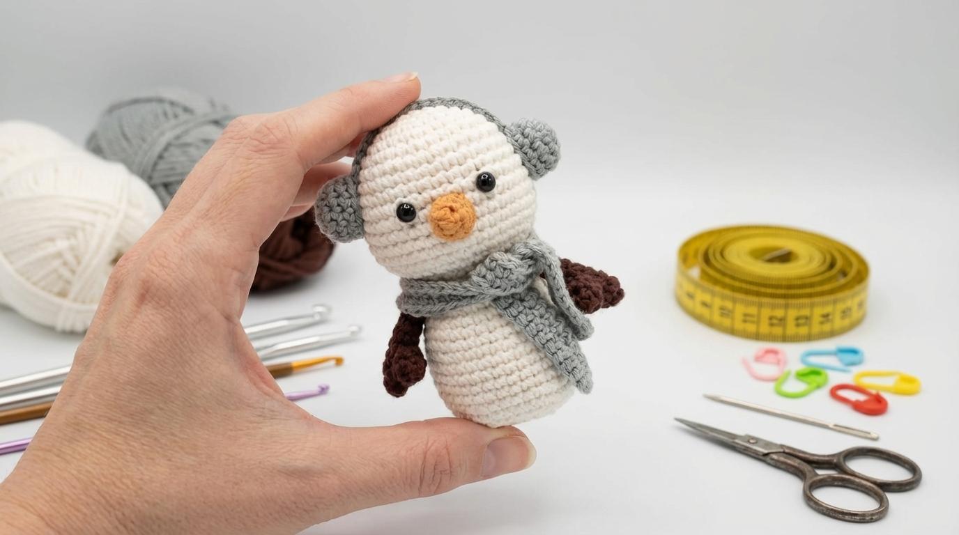Boneco de Neve Inverno Amigurumi branco e colorido em crochê para decoração natalina artesanal exclusiva no ateliê.