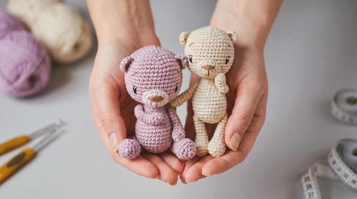 brilhante urso amigurumi feito em fio de algodão bege, com laço, para decoração de quarto infantil artesanal