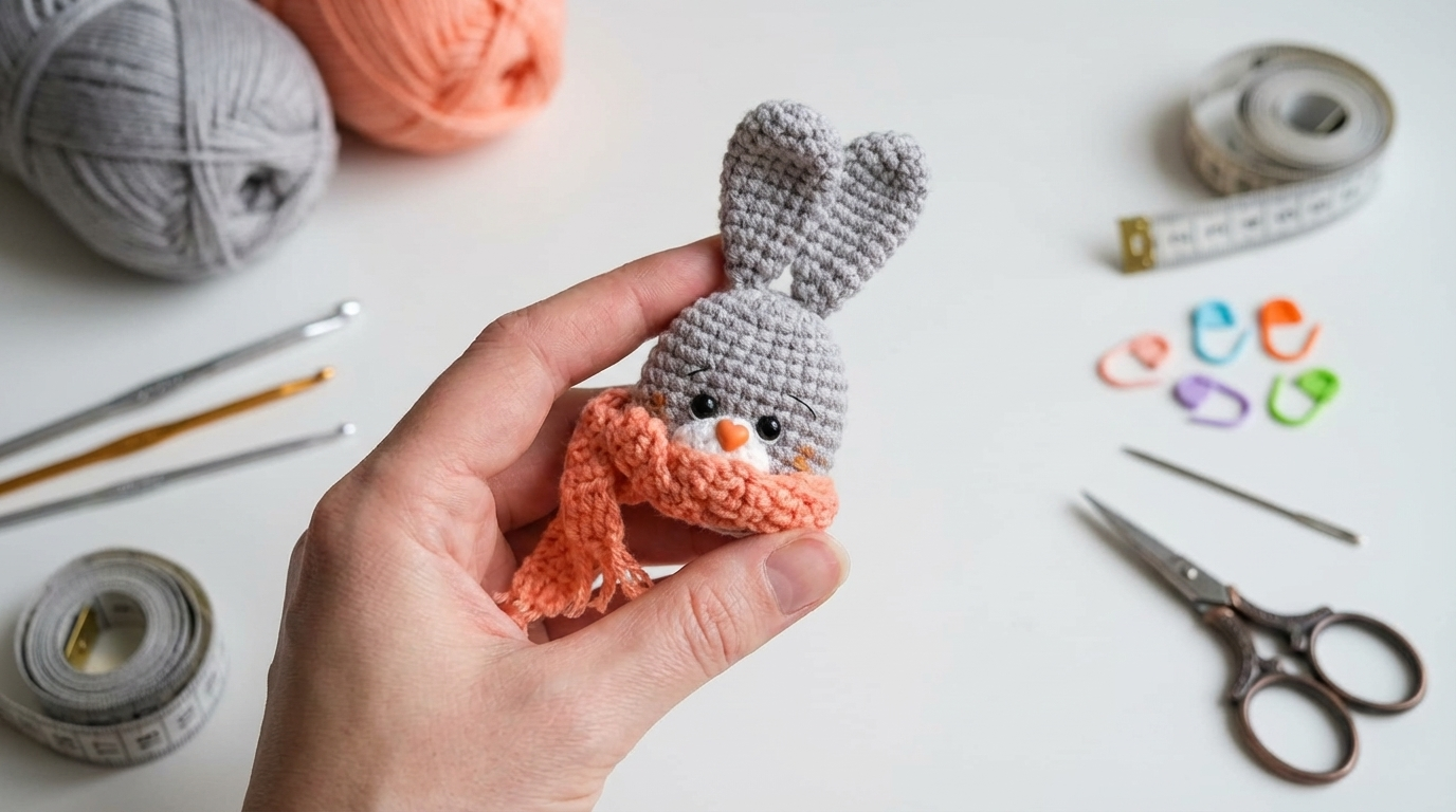 broche de coelho amigurumi receita gratis passo a passo, pequeno boneco de crochê com cachecol colorido de material macio e alfinete para uso em roupas.
