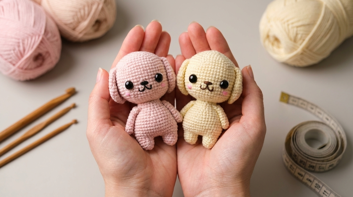 cachorrinho amigurumi receita gratis passo a passo, peça de crochê em fio de algodão, medindo 12cm e formato arredondado.