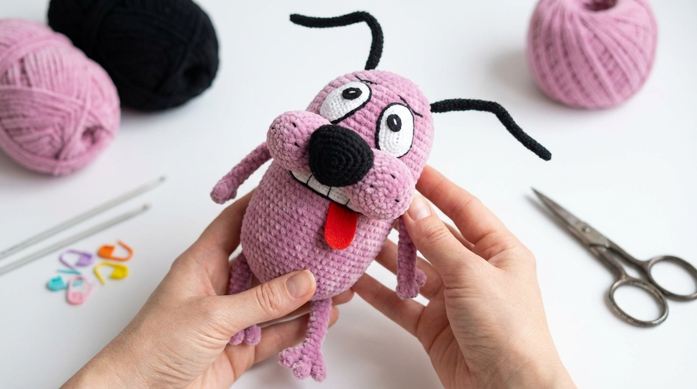 Cachorro Assustado Amigurumi em fio de pelúcia fofinho e tom aveludado, ideal para decoração criativa e presente.
