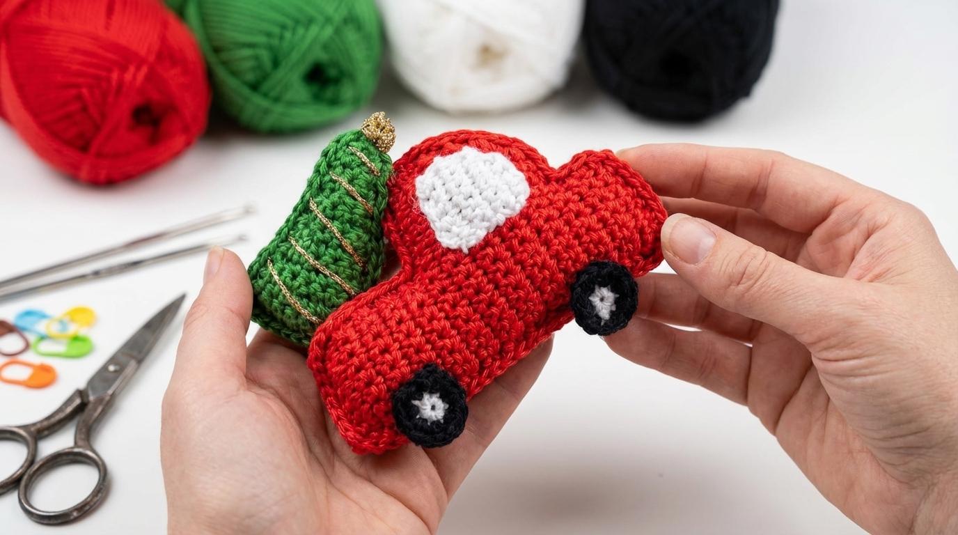 Amigurumi natal caminhão vermelho com árvore verde em crochê manual para decoração temática festiva de mesa e árvore.