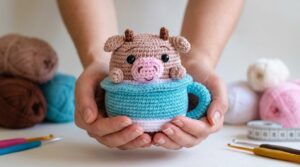 Caneca de Vaca Amigurumi nas cores marrom e branco, feita em crochê artesanal para decoração criativa de cozinhas.