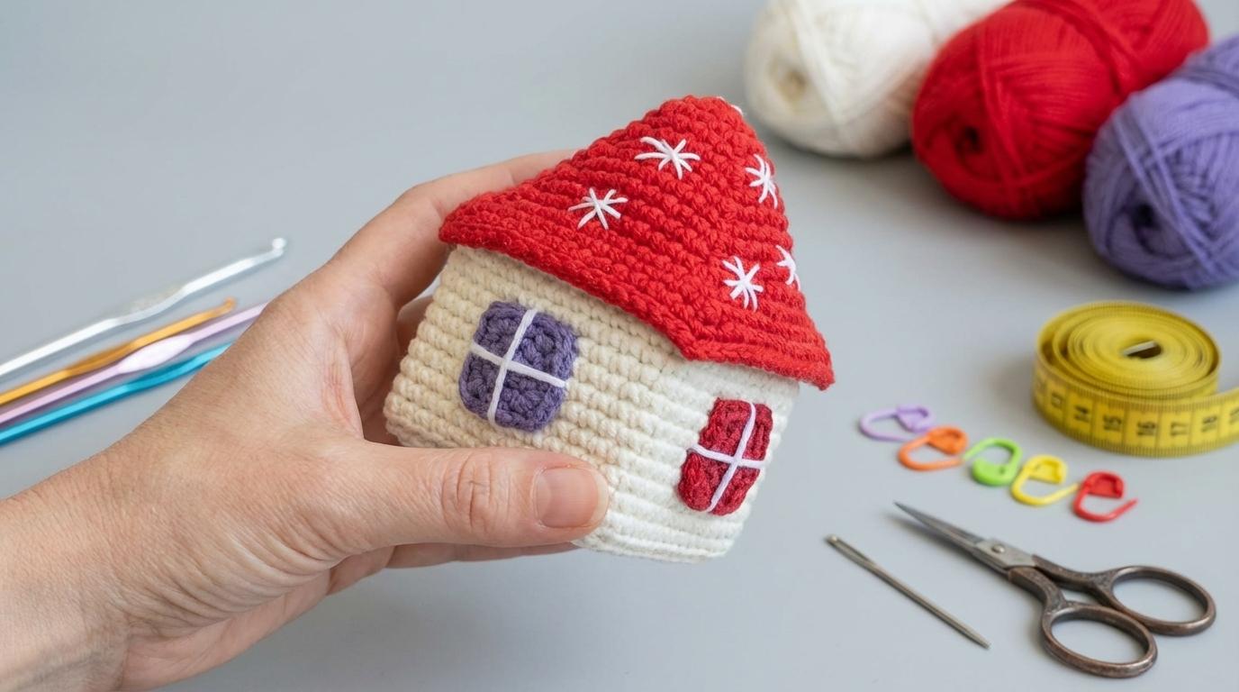 Casinha Ornamentação amigurumi vermelha e branca feita em crochê para decoração de Natal artesanal e charmosa