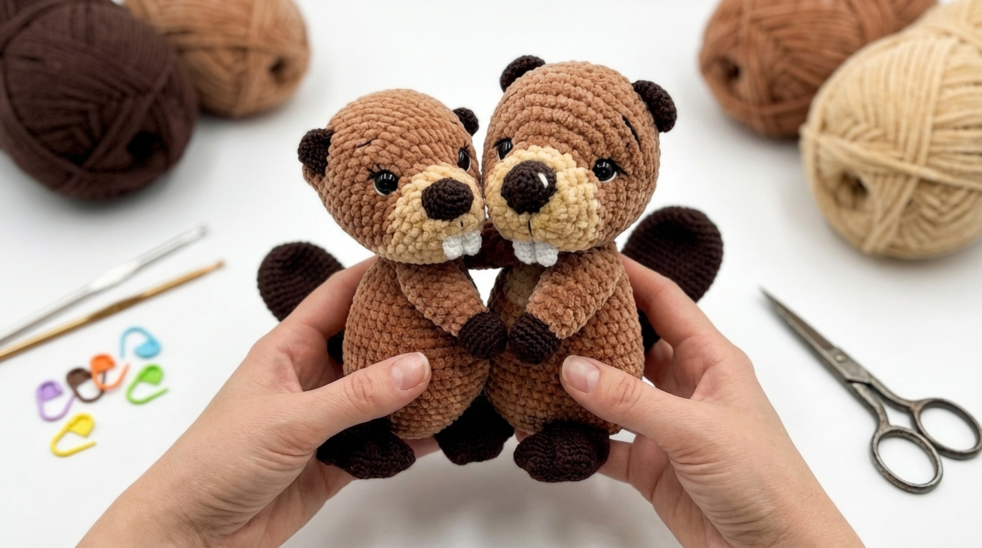 Castor de pelúcia amigurumi em tons de marrom feito em crochê para decoração de quartos de bebês e crianças.