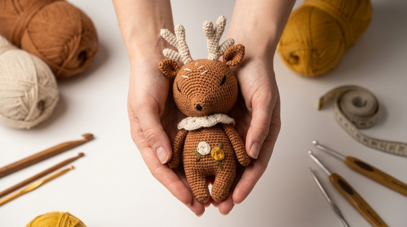 cervo melly amigurumi receita gratis passo a passo, boneco de crochê avelã com textura macia e detalhes em bege para decoração de quarto infantil.