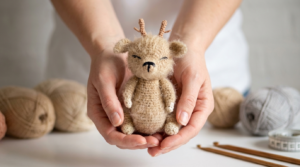 cervo amigurumi receita gratis passo a passo, peça de crochê marrom com detalhes em bege, ideal para servir como um chaveiro decorativo
