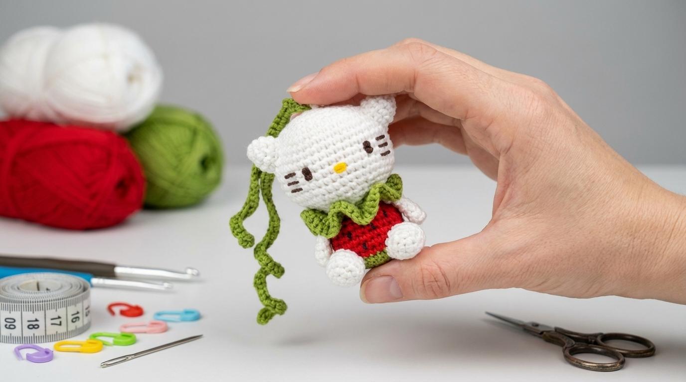 Chaveiro Hello Kitty Amigurumi com detalhes em melancia nas cores verde e vermelho, ideal para lembrancinha artesanal.
