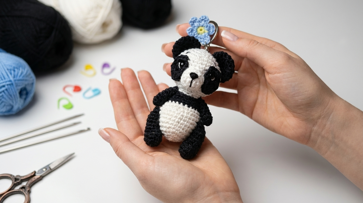 Chaveiro panda amigurumi receita grátis passo a passo, boneco de crochê preto e branco com fio de algodão para acessórios e brindes.