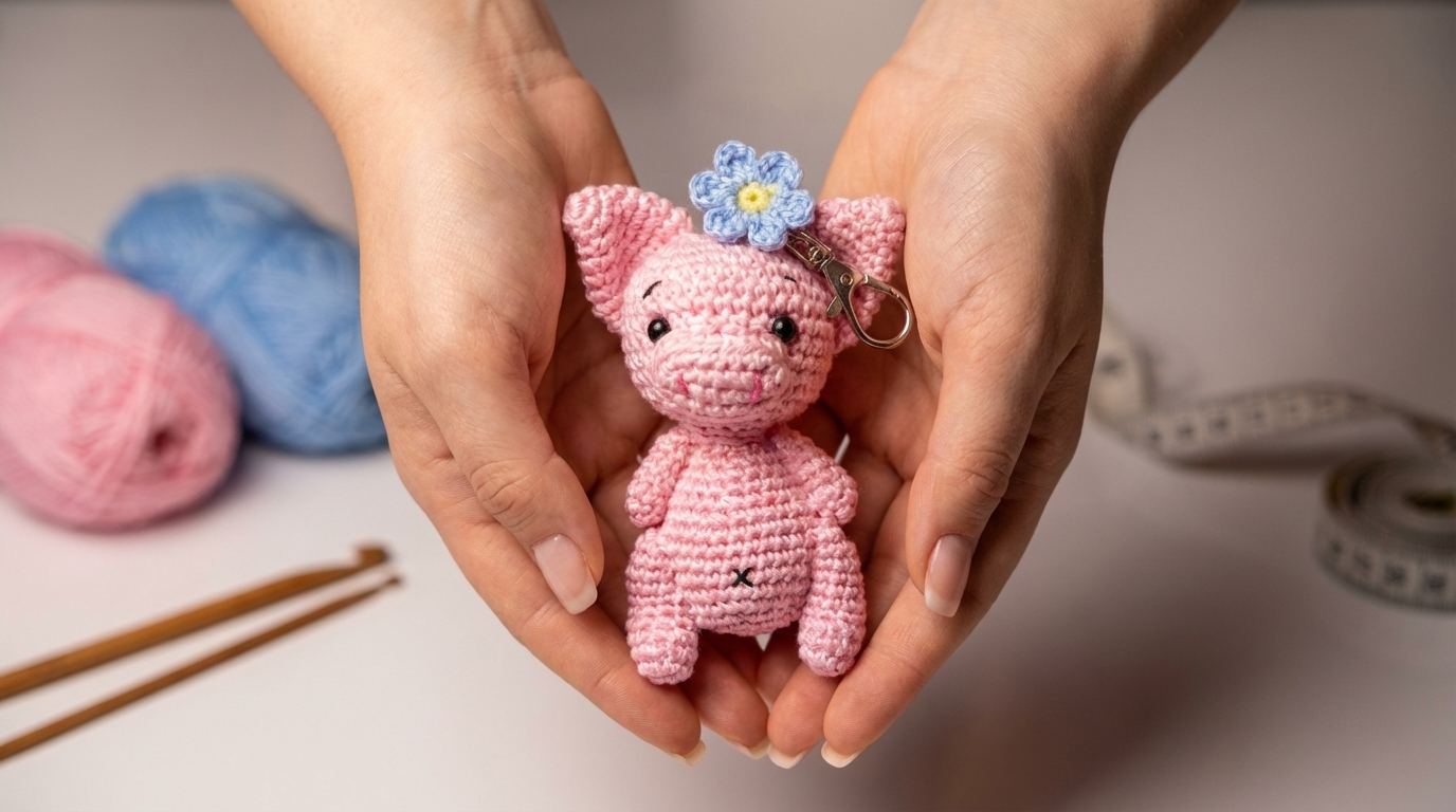 chaveiro porquinho amigurumi receita gratis passo a passo, pequeno boneco de crochê rosa com enchimento macio e argola de metal para pendurar no contexto de um presente artesanal.