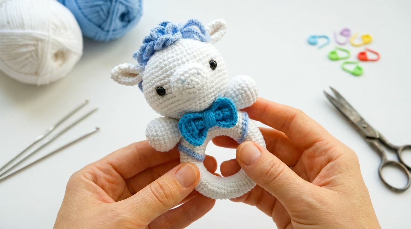 Chocalho de Cavalo em Amigurumi marrom e bege em crochê, posicionado sobre anel de madeira para uso seguro de bebês artesanal.