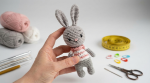 Coelhinho Alvin amigurumi bege e branco com roupa verde e laranja, em cenário artesanal ideal para presentear.