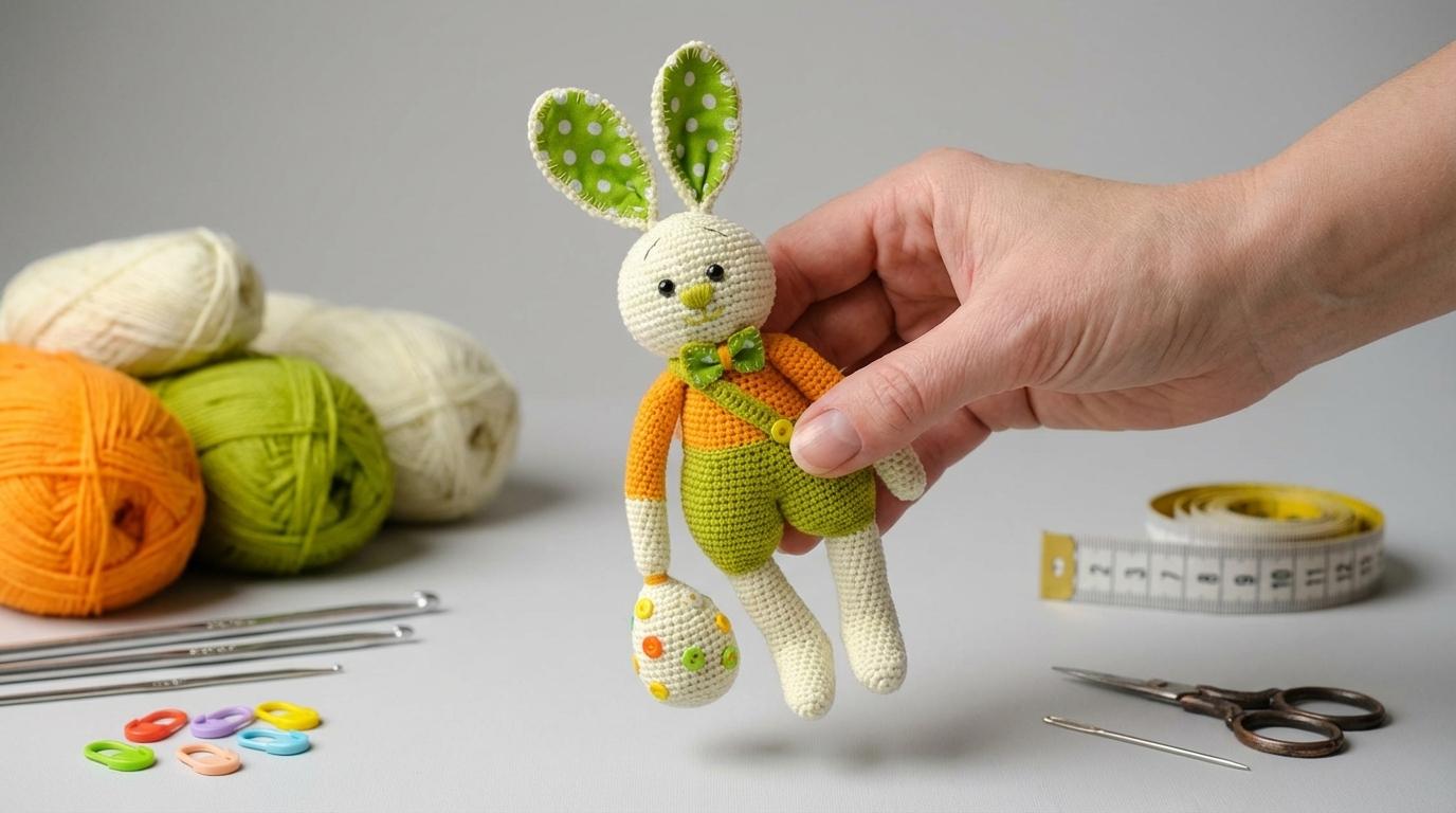 Coelhinho da Páscoa da Primavera crochê com detalhes em amarelo e verde para decoração rústica de páscoa artesanal.