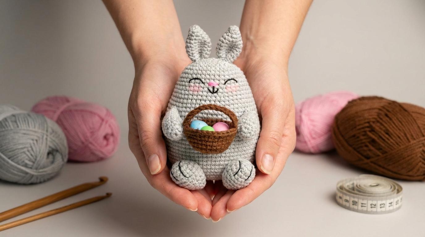 Coelhinho da Páscoa Amigurumi cinza com cesta marrom feito em crochê, acessório artesanal para decoração de Páscoa.