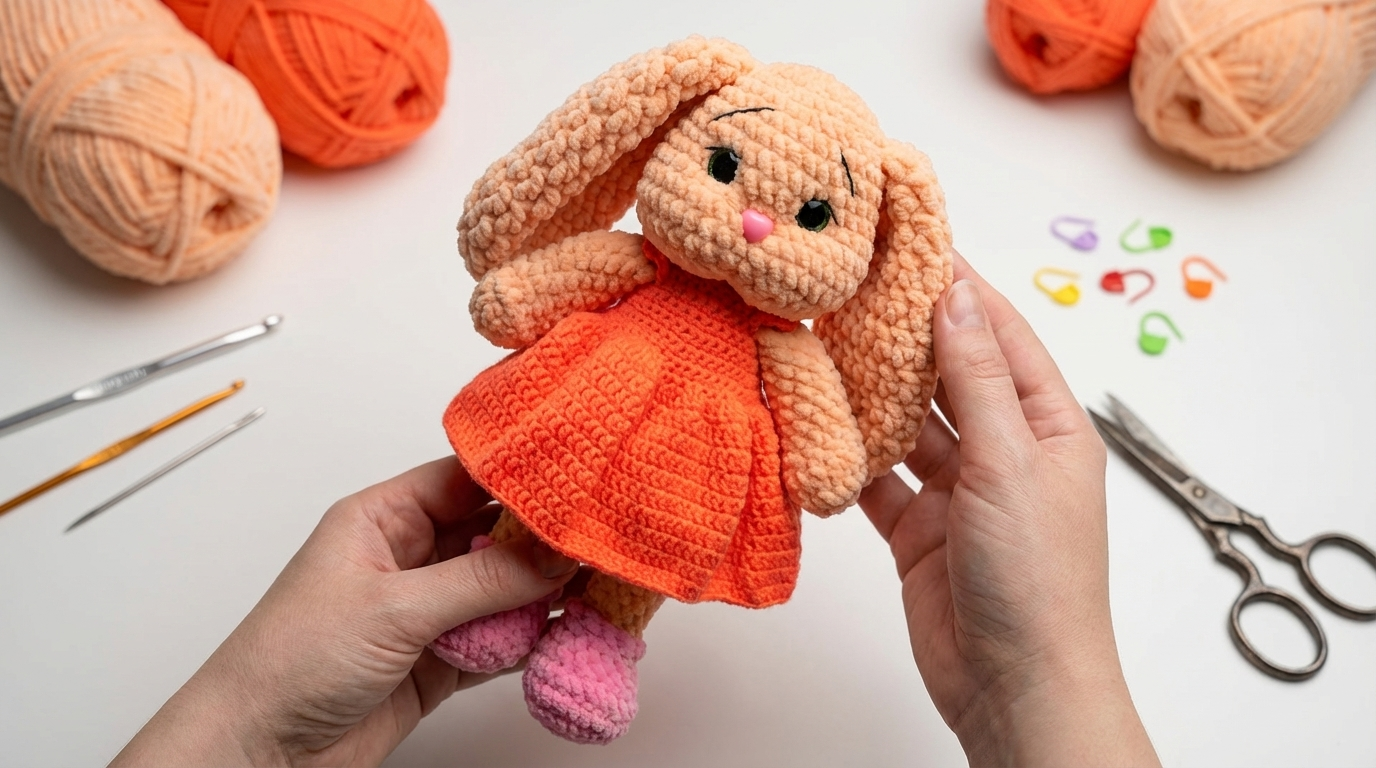 Coelhinho de pelúcia em crochê com fios macios, em tons suaves, ideal para decoração de quartos infantis ou presentes.