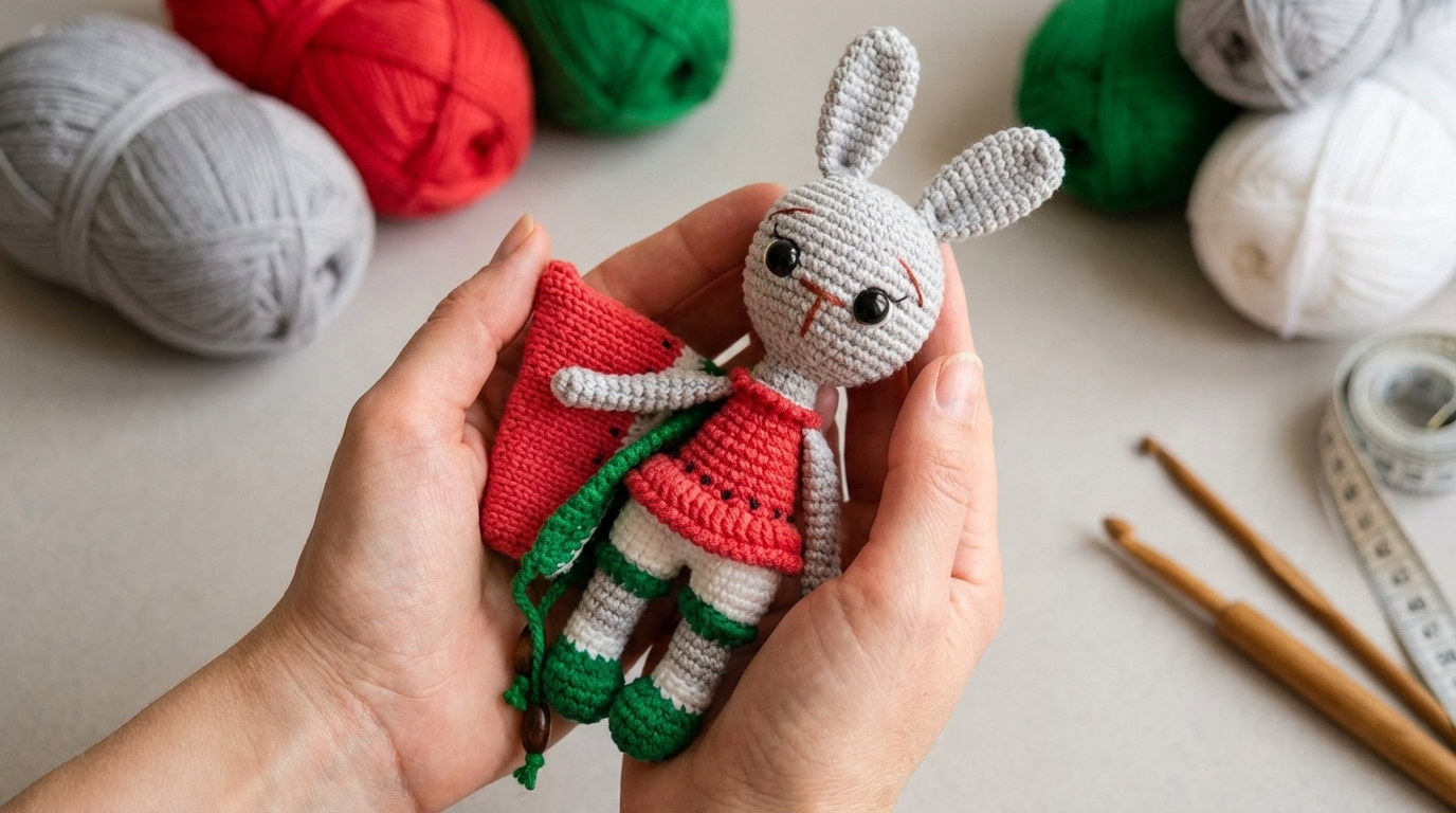 coelhinho melancia amigurumi receita gratis passo a passo, peça de crochê nas cores verde branco e cinza para uso decorativo.