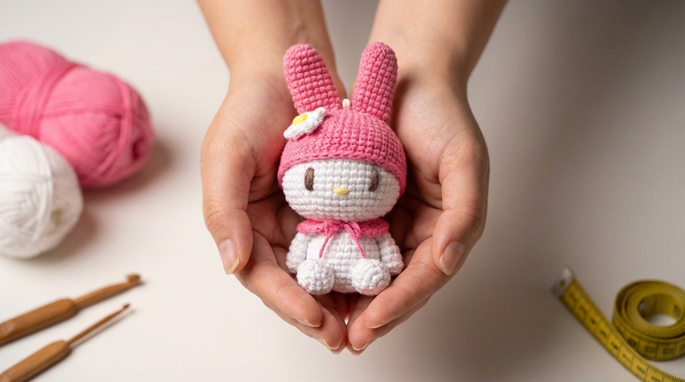 Coelhinho Melody amigurumi feito em crochê rosa e branco. Decoração infantil artesanal com acabamento de alta qualidade.