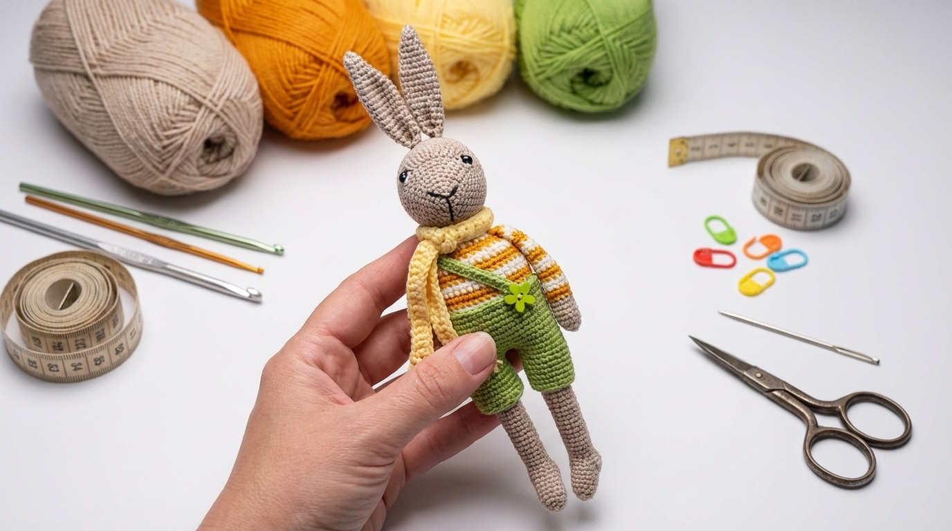 Coelhinho Missy amigurumi com roupas nas cores mostarda e leite feito em crochê perfeito para decoração delicada.