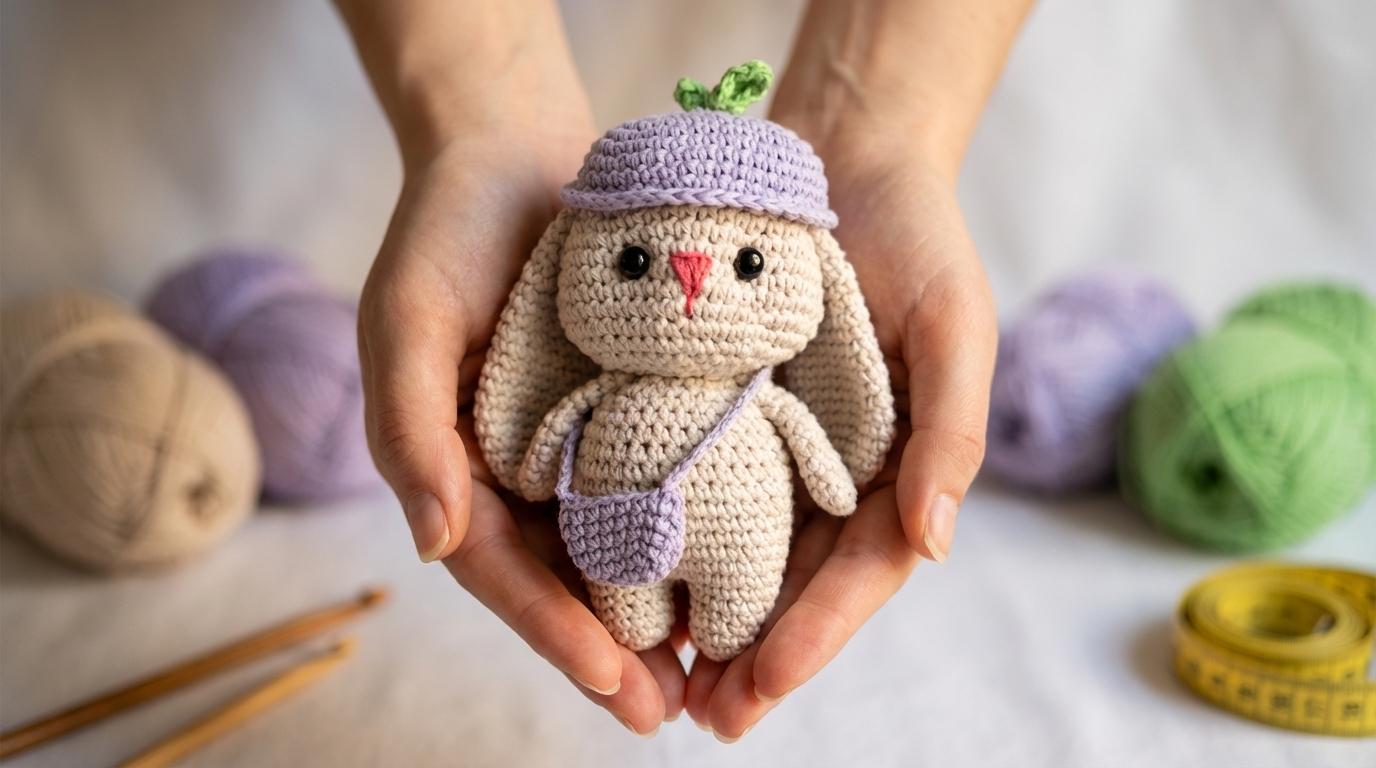 Coelhinho de Páscoa Amigurumi em tons bege e detalhes rosa feito em crochê para decoração festiva de páscoa artesanal.
