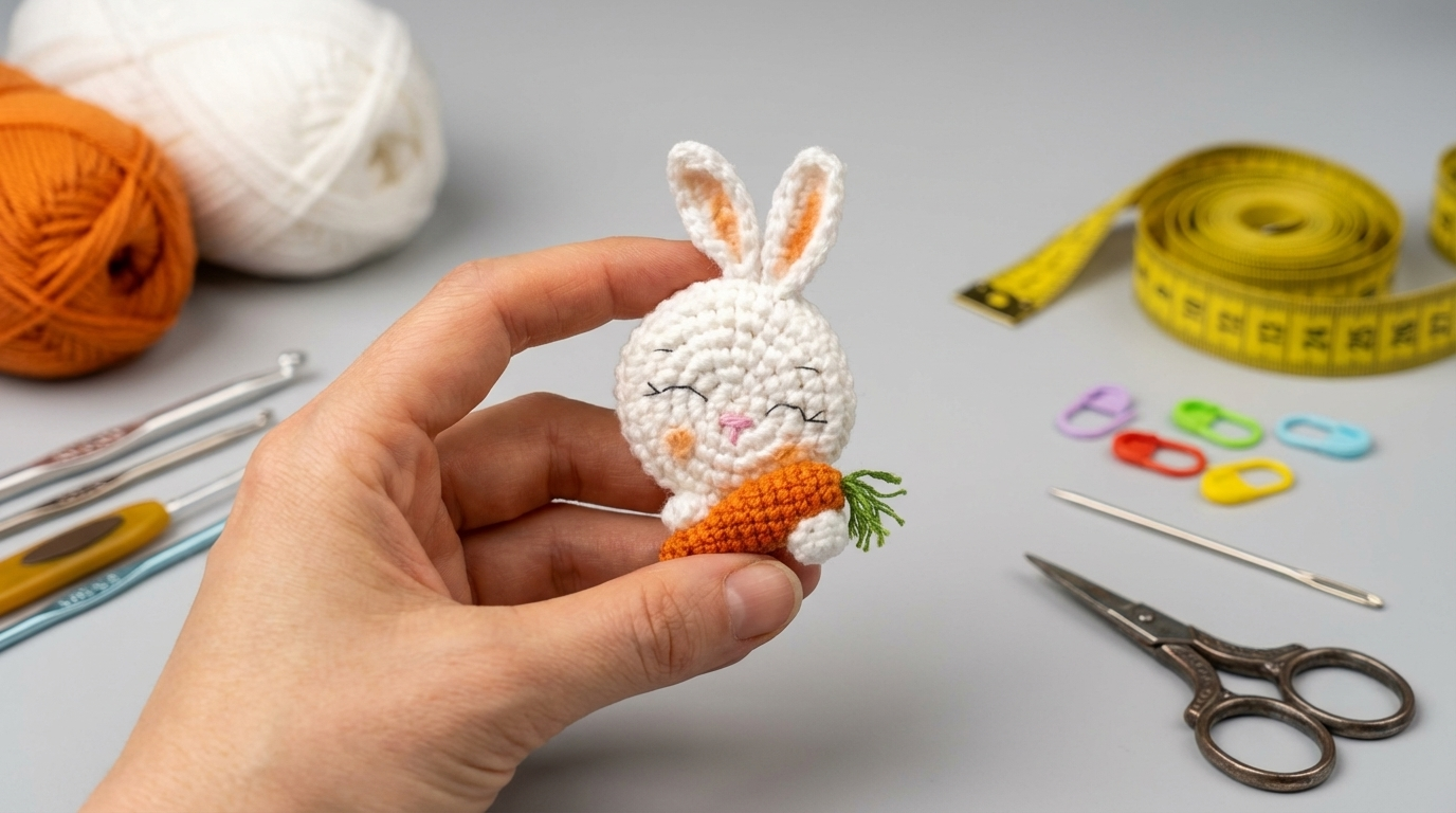coelho broche amigurumi receita gratis passo a passo, peça de crochê com fio algodão em tons suaves, ideal para acessórios de uso versátil.