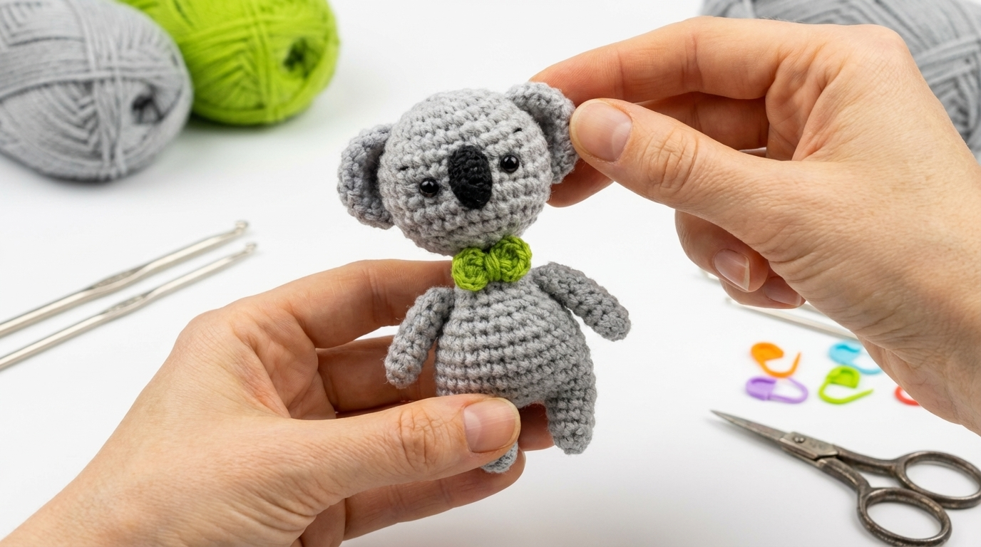 Cole Coala Amigurumi, muñeco de ganchillo en color gris con algodón suave y detalles de ojos bordados para decoración infantil.